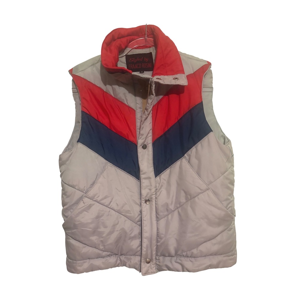 Vintage Franco Rosini Puffer Vest Red Navy Gray Chevron Quilted Mens Small